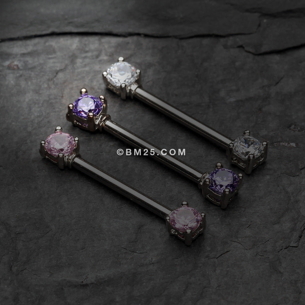 Detail View 1 of A Pair of Double Prong Gem Nipple Barbell Ring-Clear Gem
