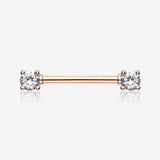 A Pair of Rose Gold Double Prong Gem Nipple Barbell Ring-Clear Gem