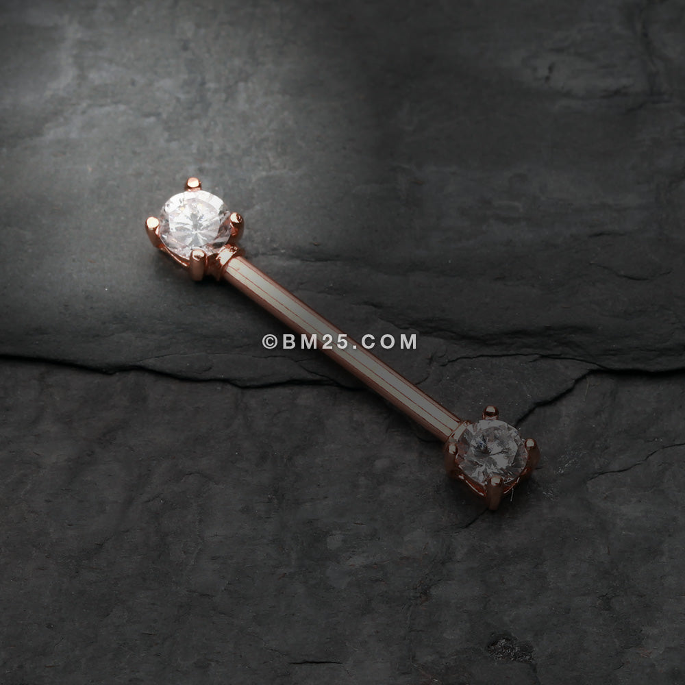 Detail View 1 of A Pair of Rose Gold Double Prong Gem Nipple Barbell Ring-Clear Gem