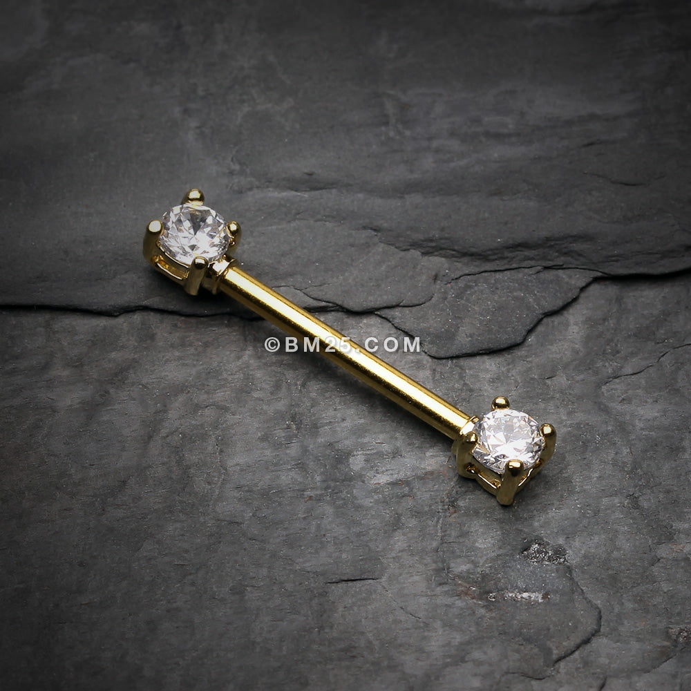 Detail View 1 of A Pair of Golden Double Prong Gem Nipple Barbell Ring-Clear Gem