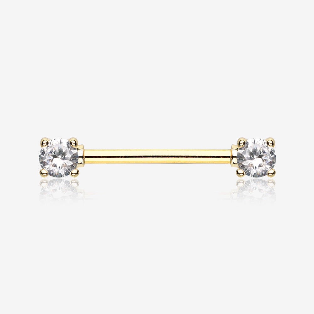 A Pair of Golden Double Prong Gem Nipple Barbell Ring-Clear Gem