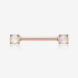 A Pair of Rose Gold Opal Sparkle Prong Nipple Barbell Ring-White