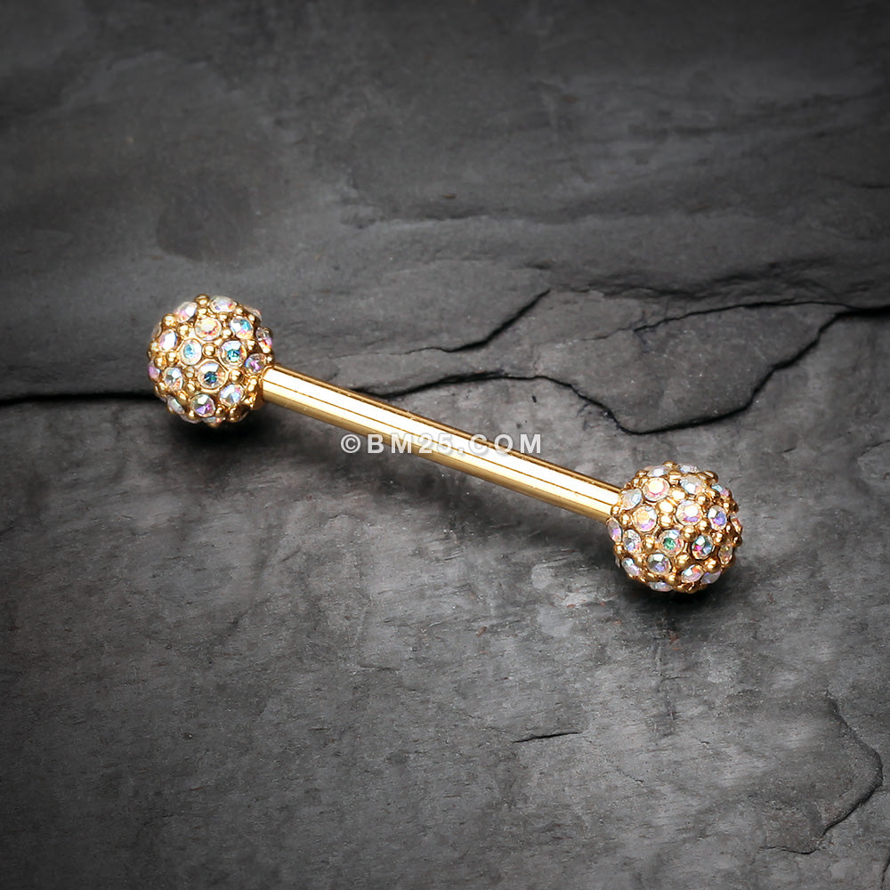 Detail View 1 of A Pair of Golden Sparkle Multi-Gem Paved Nipple Barbell Ring-Aurora Borealis
