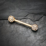Detail View 1 of A Pair of Golden Sparkle Multi-Gem Paved Nipple Barbell Ring-Clear Gem