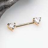 Detail View 1 of A Pair of Golden Heart Sparkle Prong Nipple Barbell-Clear Gem