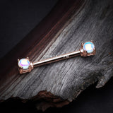 Detail View 1 of A Pair of Rose Gold Iridescent Revo Double Prong Gem Nipple Barbell