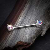 Detail View 1 of A Pair of Brilliant Sparkle Gem Prong Set Nipple Barbell-Aurora Borealis