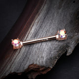 Detail View 1 of A Pair of Rose Gold Brilliant Sparkle Gem Prong Set Nipple Barbell-Aurora Borealis