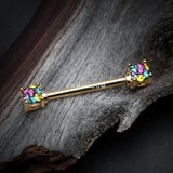 Detail View 1 of A Pair of Golden Motley Sprinkle Dot Multi-Gem Sparkle Prong Set Nipple Barbell-Retro