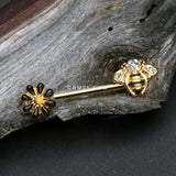 Detail View 1 of A Pair of Golden Sweet Daisy Bumble Bee Nipple Barbell-Clear Gem/Aqua