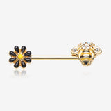 A Pair of Golden Sweet Daisy Bumble Bee Nipple Barbell-Clear Gem/Aqua