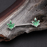 Detail View 1 of A Pair of Classic Glitter Sparkle Cannabis Nipple Barbell-Green