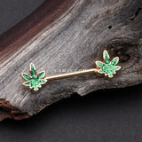 Detail View 1 of A Pair of Golden Glitter Sparkle Cannabis Nipple Barbell-Green