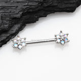 Detail View 1 of A Pair of Iridescent Revo Spring Flower Sparkle Nipple Barbell-Clear Gem