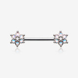 A Pair of Iridescent Revo Spring Flower Sparkle Nipple Barbell-Clear Gem