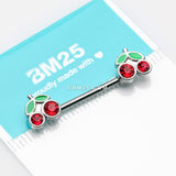 Detail View 2 of A Pair of Juicy Cute Cherry Sparkles Nipple Barbell-Red/Green