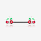 A Pair of Juicy Cute Cherry Sparkles Nipple Barbell-Red/Green