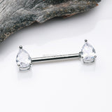 Detail View 1 of A Pair of Brilliant Teardrop Prong Sparkle Nipple Barbell-Clear Gem