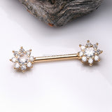 Detail View 1 of A Pair of Golden Glistening Sparkle Flower Multi-Gem Nipple Barbell-Clear Gem
