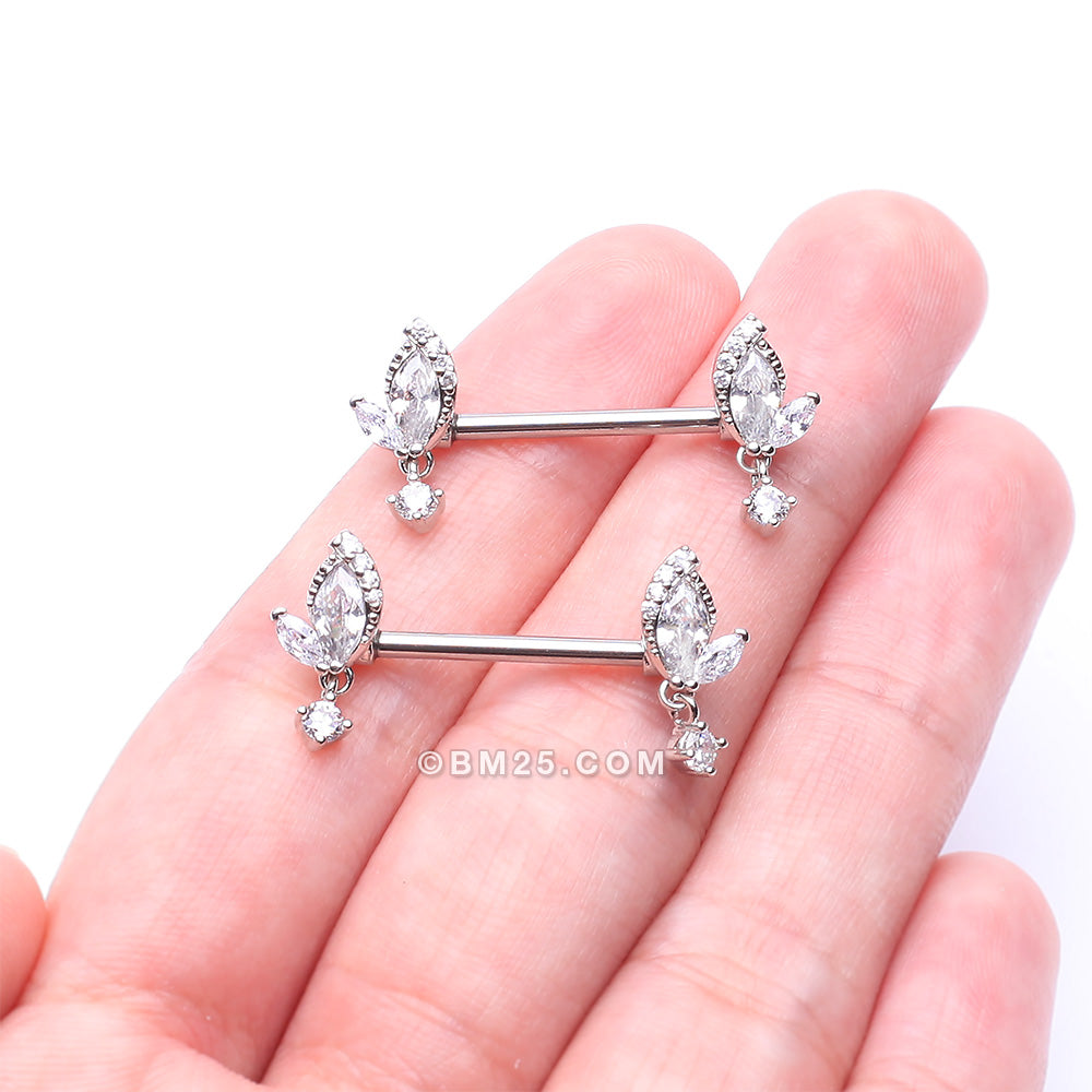 Detail View 2 of A Pair of Elegant Marquise Leaflet Dangle Sparkle Nipple Barbell-Clear Gem