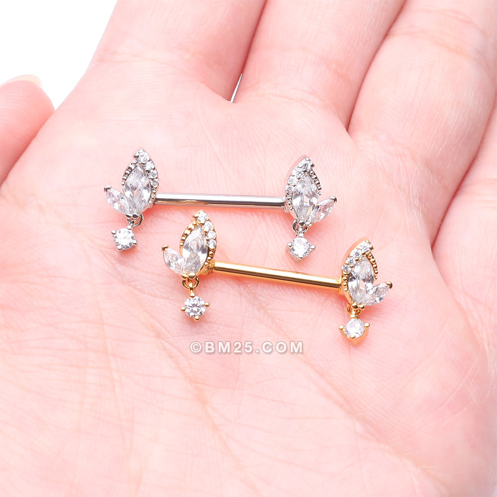 Detail View 3 of A Pair of Elegant Marquise Leaflet Dangle Sparkle Nipple Barbell-Clear Gem