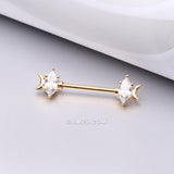 Detail View 1 of A Pair of Golden Crescent Moon Phase Marquise Sparkle Nipple Barbell-Clear Gem
