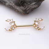 Detail View 1 of A Pair of Golden Celestial Sparkle Crescent Moon Array Nipple Barbell-Clear Gem
