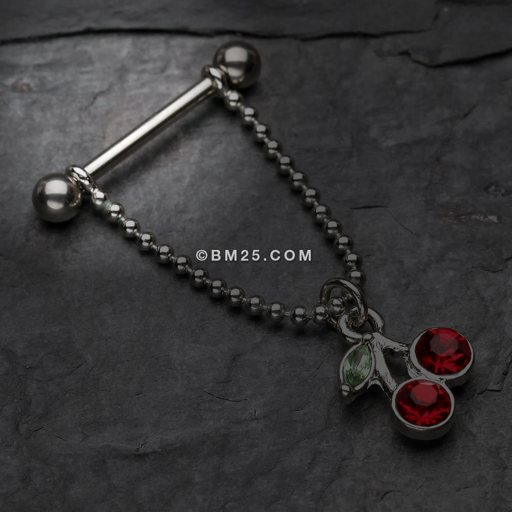 Detail View 1 of A Pair of Cherry Dangle Nipple Barbell Ring-Red