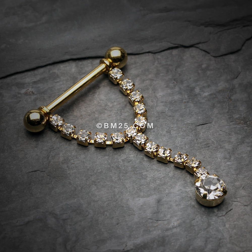 Detail View 1 of A Pair of Golden Chandelier Gems Nipple Barbell Ring-Clear Gem