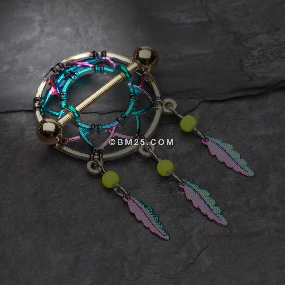 Detail View 1 of Golden Dreamcatcher Feather Nipple Shield Ring-Rainbow/Multi-Color
