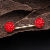 Detail View 1 of A Pair of Golden Acrylic Rose Blossom Nipple Barbell Ring-Red