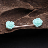 Detail View 1 of A Pair of Rose Gold Acrylic Rose Blossom Nipple Barbell Ring-Mint Green