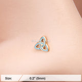 Detail View 2 of Golden Triquetra Trinity Knot Nose Stud Ring-Teal