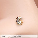 Detail View 2 of Golden Dainty Crescent Moon & Stars Nose Stud Ring-Gold