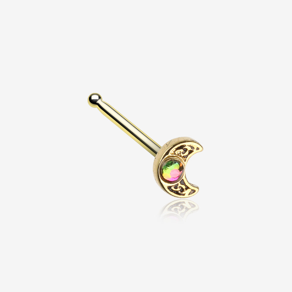 14kt Gold Nose Ring Gold Nose Stud Opal Crescent Moon and Star 
