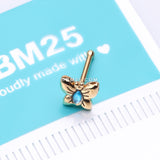 Detail View 2 of Golden Aqua Butterfly Sparkle Nose Stud Ring-Aqua