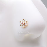 Detail View 1 of Golden Opalite Rose Spring Flower Sparkle Nose Stud Ring-Pink/White
