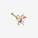 Golden Dainty Butterfly Rose Sparkle Multi-Gem Nose Stud Ring-Pink/Clear Gem