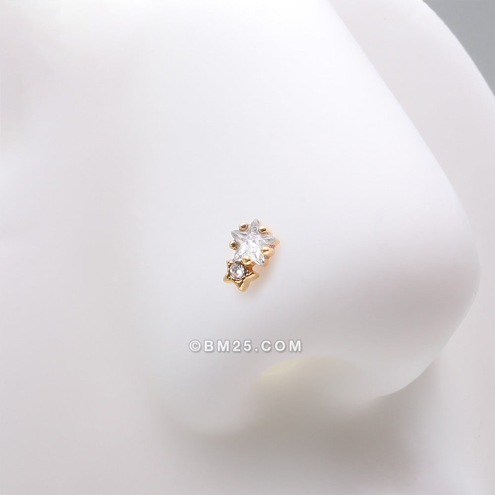 Detail View 1 of Golden Twinkle Double Star Sparkle Nose Stud Ring-Clear Gem