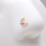 Detail View 1 of Golden Lacey Crescent Moon Opalescent Sparkle Nose Stud Ring-Clear Gem/Purple