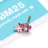 Detail View 3 of Golden Pink Butterfly Flower Sparkle Nose Stud Ring-Clear Gem/Fuchsia