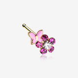 Golden Pink Butterfly Flower Sparkle Nose Stud Ring