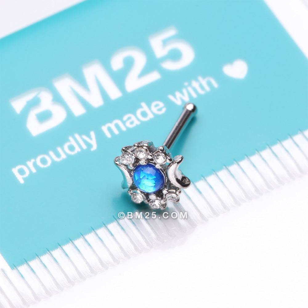 Detail View 3 of Celestial Opalescent Moon Goddess Sparkle Nose Stud Ring-Blue/Clear Gem
