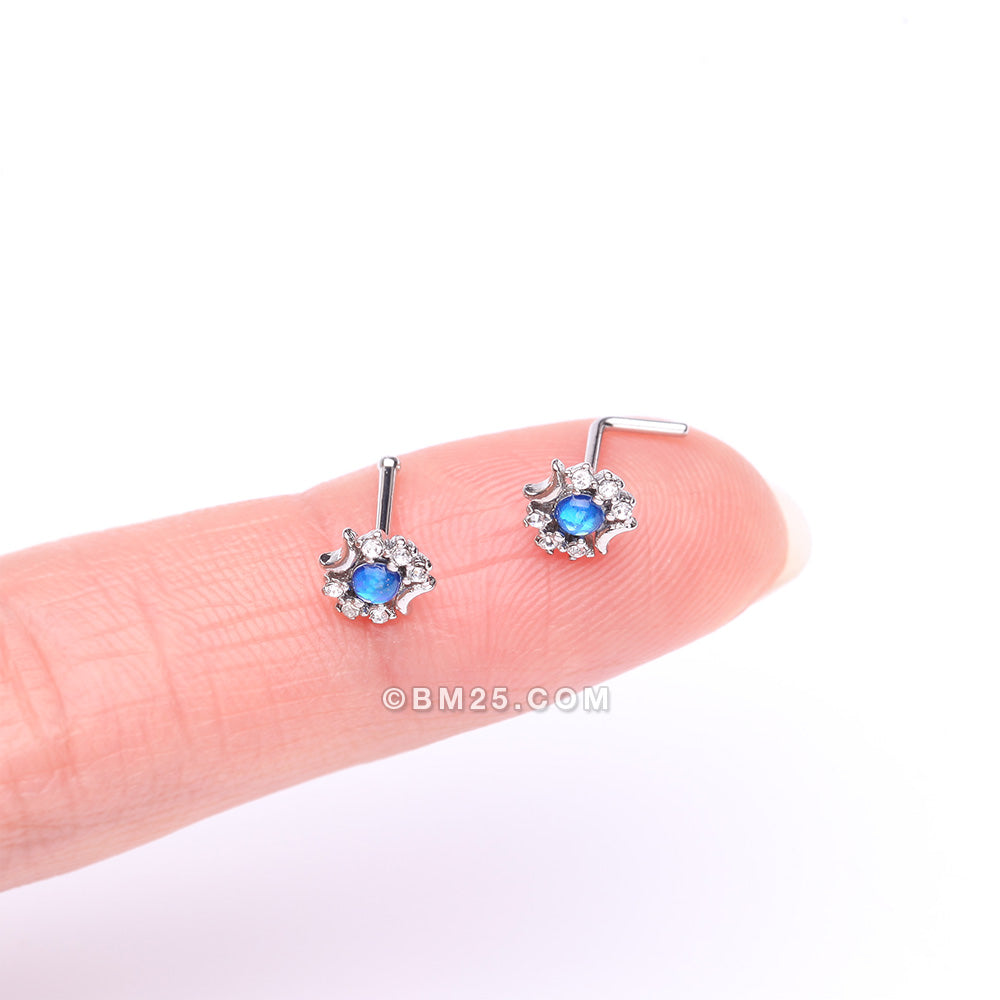 Detail View 2 of Celestial Opalescent Moon Goddess Sparkle Nose Stud Ring-Blue/Clear Gem