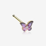 Golden Mystic Purple Butterfly Sparkle Nose Stud Ring-Clear Gem/Purple