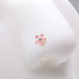Detail View 1 of Golden Cherry Blossom Flower Sparkle Nose Stud Ring-Clear Gem/Pink