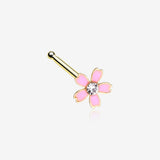 Golden Cherry Blossom Flower Sparkle Nose Stud Ring-Clear Gem/Pink