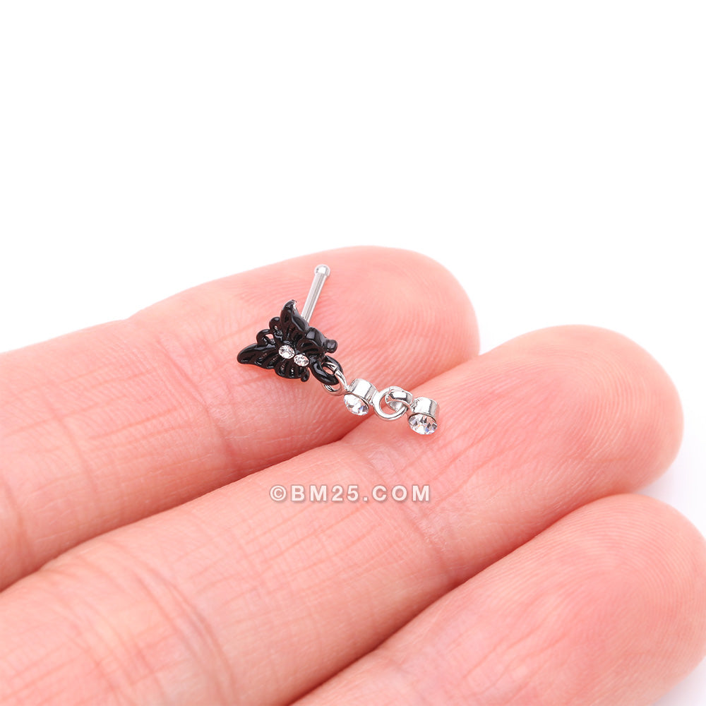 Detail View 2 of Black Noir Victorian Butterfly Dangle Sparkle Nose Stud Ring-Clear Gem