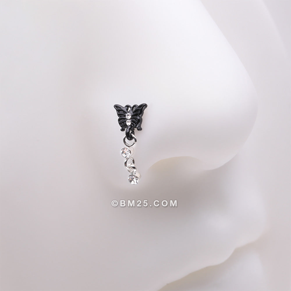 Detail View 1 of Black Noir Victorian Butterfly Dangle Sparkle Nose Stud Ring-Clear Gem