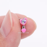 Detail View 2 of Pink Power Iridescent Puffy Heart Dangle Nose Stud Ring-Pink/Aurora Borealis